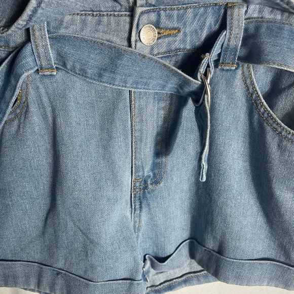 Forever 21 Denim Crossover Belted High Waist Shorts Medium Blue Jean Fold Hem - Picture 7 of 9